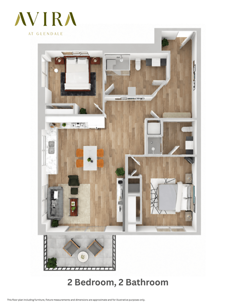 Floor plan for 2 beds, 2 baths, 1075 sqft